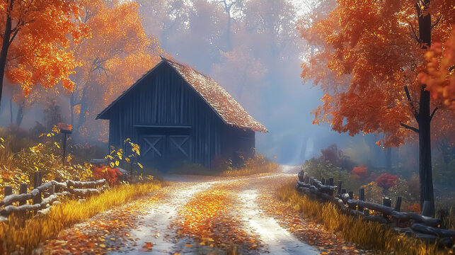 A serene autumn scene featuring a rustic barn surrounded by vibrant fall foliage, ideal for seasonal decor or Thanksgiving-themed designs.