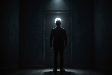 Obraz premium Man in a Formal Suit Standing in a Dark Confined Space, Symbolizing Dreams of Freedom, Departing from a Room Filled with Criminal Atmosphere