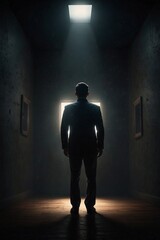 Obraz premium Man in a Formal Suit Standing in a Dark Confined Space, Symbolizing Dreams of Freedom, Departing from a Room Filled with Criminal Atmosphere