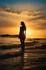 Fototapeta premium Silhouette of a Beautiful Woman Centered in the Frame on the Ocean Shore, Illuminated by the Rays of the Setting Sun, Embodying the Image of the Sun Goddess