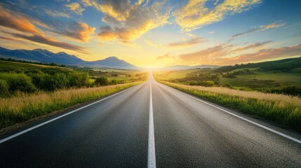 Asphalt Road Leading to Sunset with Mountains in Background