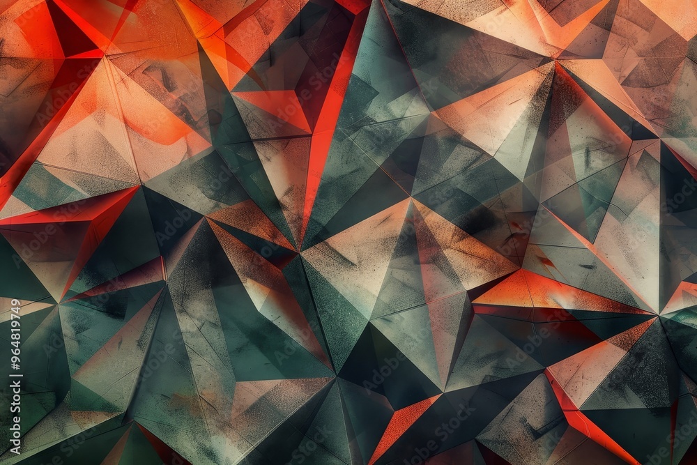 Poster the artwork features a vibrant abstract design with sharp angular shapes in shades of red, green, an