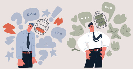 Cartoon Vector Illustration of Burnt Out Business Worker and Energetic Office Person with Full and Empty Batteries