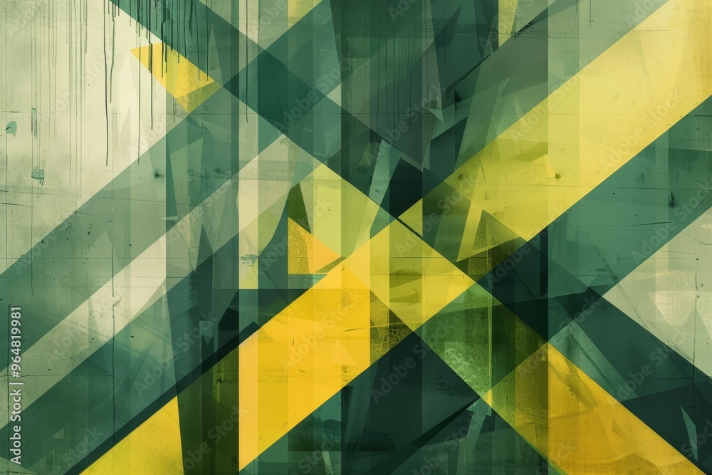 Poster dynamic shapes and lines intertwine in shades of green and yellow, creating an intriguing visual eff