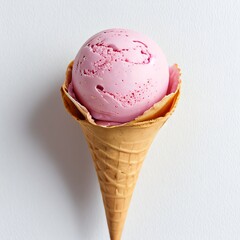 Pink soft serve ice cream in a cone on white background..