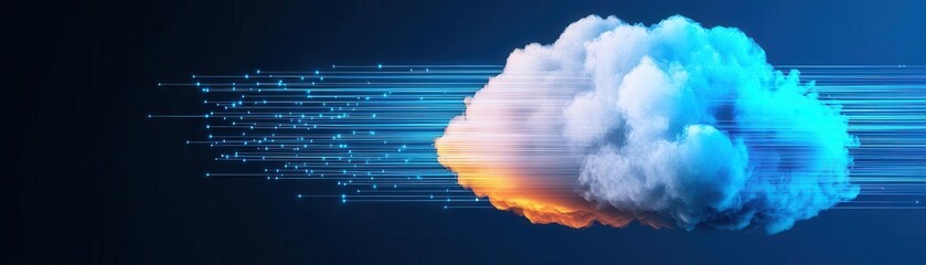 Digital cloud with cascading data streams, representing efficient data processing, Cloud Processing, Data Efficiency