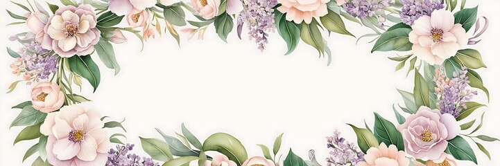 Elegant watercolor floral frame with pastel flowers and fresh green leaves along the edges, perfect for invitations or wall decor with a luxurious touch.