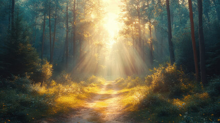 Golden rays of sunlight illuminating a serene forest path, creating a peaceful natural scene. Quiet nature trail in a sunlit woodland, surrounded by lush green foliage