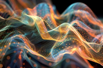 Translucent waves of color flow gracefully, illuminated with shimmering particles, creating an ethereal and captivating visual display in a dark setting.