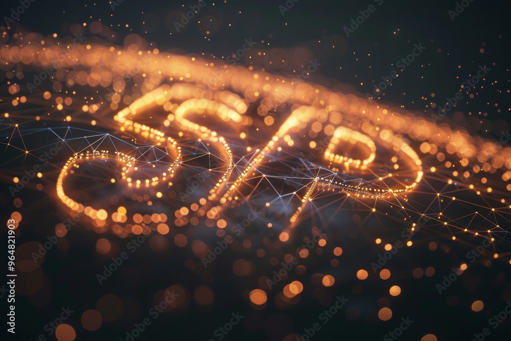 Poster Glowing and illuminated letters are arranged on a dark background, creating a captivating abstract design with sparkles and interconnected lines that evoke a sense of technology.