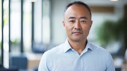 Obraz premium Professional Portrait of a MiddleAged East Asian Man in a Modern Office Setting for Corporate and Business Use