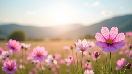Fototapeta premium Border of pink and white cosmos flowers against rural landscape backdrop