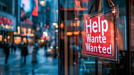 A stock photo of a "Help Wanted" sign prominently displayed in a store window.