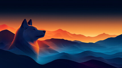 Abstract Wolf Silhouette Against Sunset Mountain Range