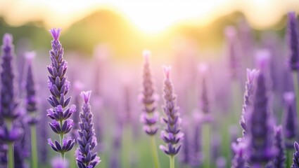 Fototapeta premium Vibrant purple lavender flowers frame the edges soft sunlight illuminates a French lavender field backdrop with a blurred bokeh background