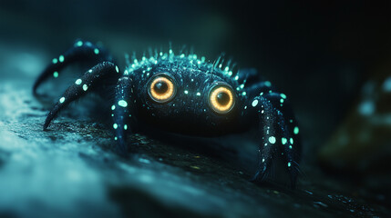 Bioluminescent Spider Like Creature with Glowing Eyes on a Dark Blurry Backdrop