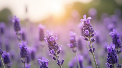 Obraz premium Vibrant purple lavender flowers frame the edges soft sunlight illuminates a French lavender field backdrop with a blurred bokeh background