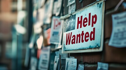 A stock photo of a "Help Wanted" sign pinned to a business notice board filled with other announcements and flyers.