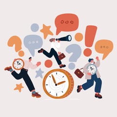 Cartoon Vector Illustration of Business People and Clerks Rushing Around Clocks, Obsession with Time, and Personal Efficiency