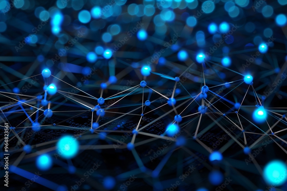 Poster interconnected luminous blue nodes and lines create a striking visual of digital networking, set aga