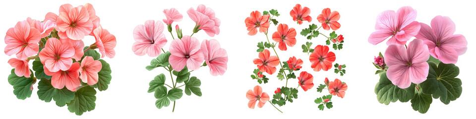 Obraz premium Geraniums - Fragrant and ornamental flowers Isolated on Clear White Background Highly Detailed 