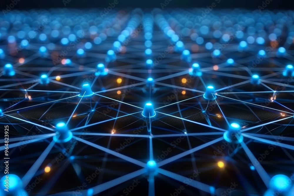 Poster The visual representation captures a network of illuminated nodes linked by glowing lines, showcasing the intricacies of data connectivity and technological advancements.