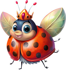 A cheerful ladybug with polka-dot wings and a tiny crown perched on its head 