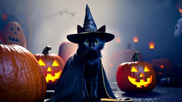 Black cat wearing witch hat with jack o lanterns, Halloween decorations spooky atmospheric scene