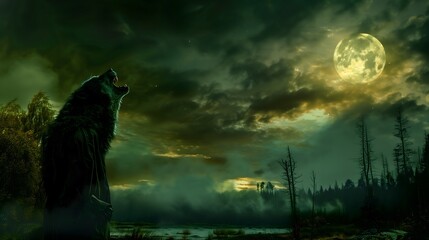 Werewolf howling at the moon on a starry night