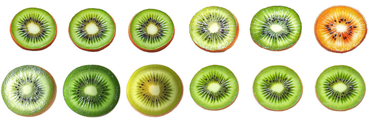 Fototapeta premium Sliced kiwis in various colors and ripeness showcase their vibrant interiors, highlighting unique textures and patterns of each fruit. 