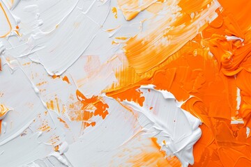 The canvas features a dynamic arrangement of bold orange and white paint strokes, blending together to create a striking abstract work of art that captures creativity.