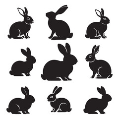 Silhouette rabbit or bunny animal black color, Rabbit sitting on the ground silhouette black color vector art illustration
