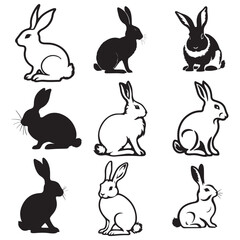 Silhouette rabbit or bunny animal black color, Rabbit sitting on the ground silhouette black color vector art illustration
