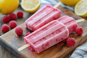 Refreshing raspberry lemonade popsicles, partially melted on a wooden board with fresh raspberries