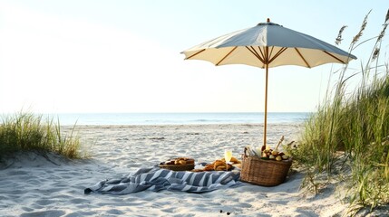 A picnic basket with a blanket, a champagne glass and a beach umbrella set up on a sandy beach.