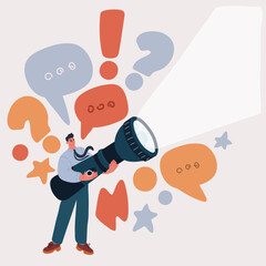Cartoon Vector Illustration of a Businessman Holding a Large Flashlight, Concept of Finding Solutions and Illuminating Problems
