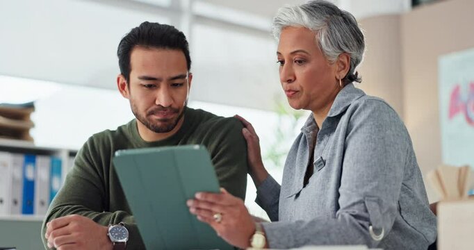 Healthcare, doctor and sad for diagnosis, tablet and results of checkup, patient and consultation. Talking, info and bad news for man, medical professional and comfort in hospital and empathy