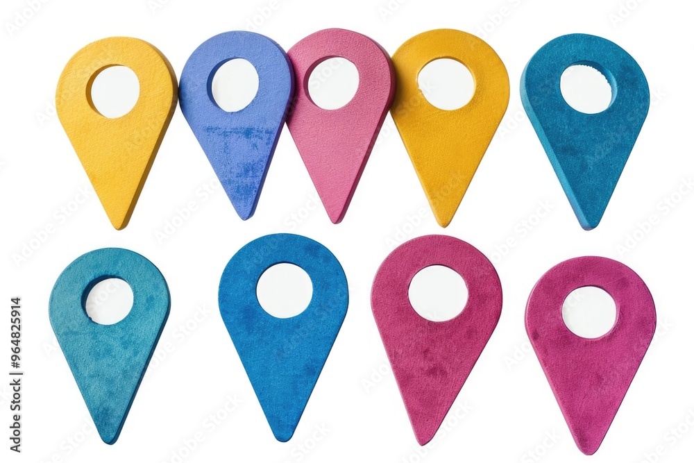 Poster a selection of colorful pin markers arranged on a clean white surface, ideal for illustrating ideas 