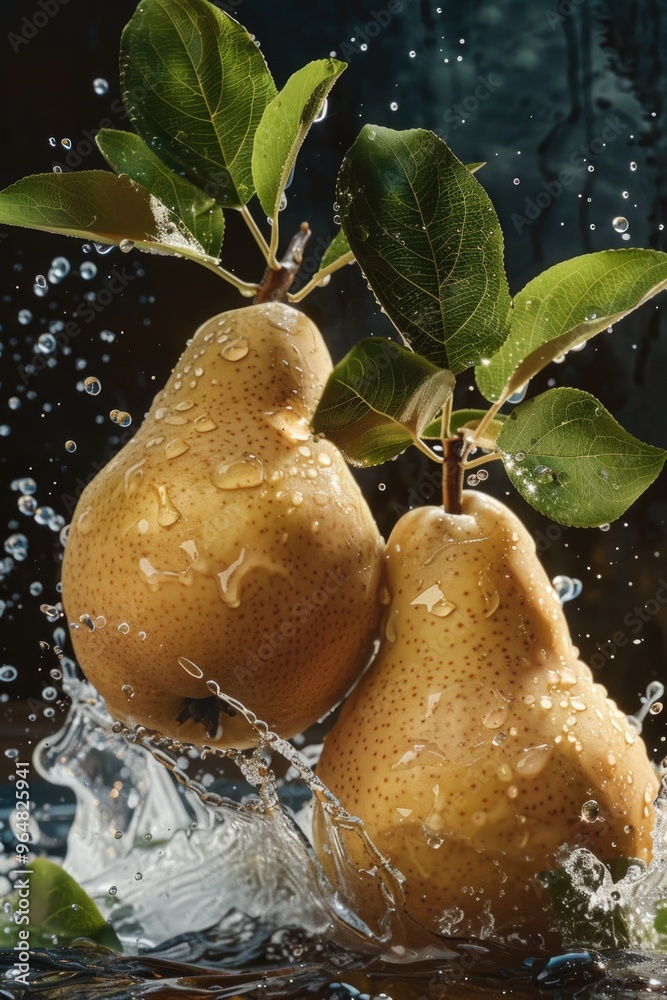 Canvas Prints A pair of pears falling into a body of water, great for food or nature themed illustrations