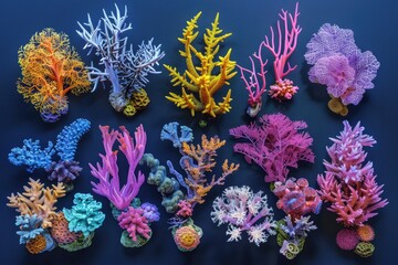 Colorful coral group on a blue background, ideal for underwater or ocean-themed designs