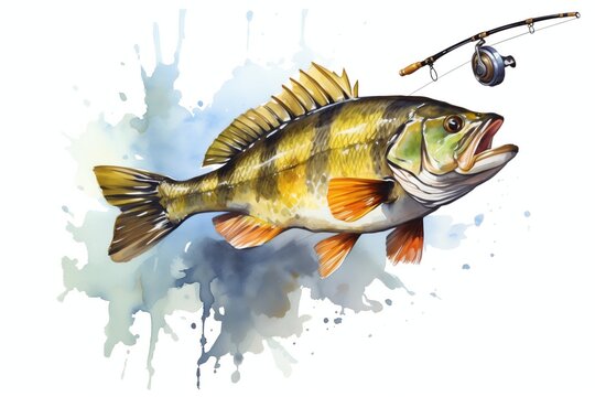 recommend clip art: Watercolor of a perch caught with a fishing rod on a hook. Cut out clip art for design, postcards, stickers, scrapbooking, poster 