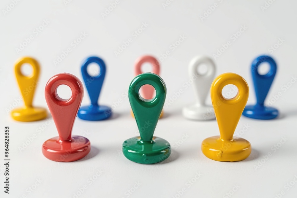 Poster a collection of colorful pushpins arranged on a white surface, ideal for illustrations and designs