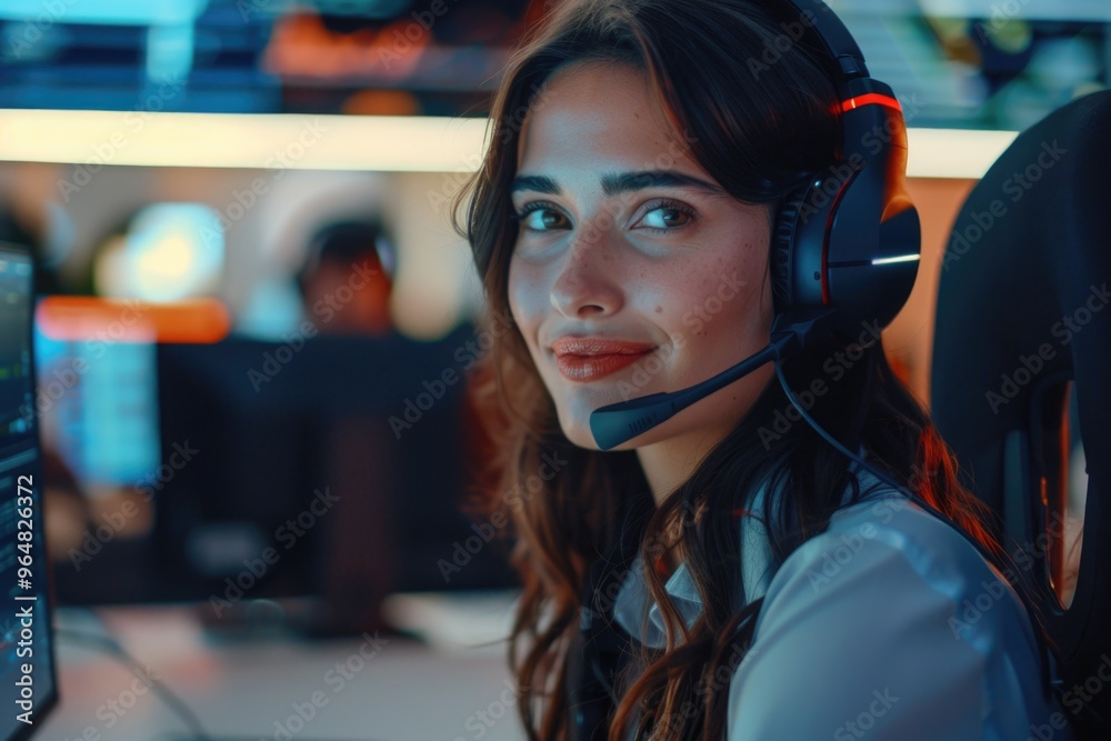 Poster woman using headset while working on computer, great for office or workspace illustration