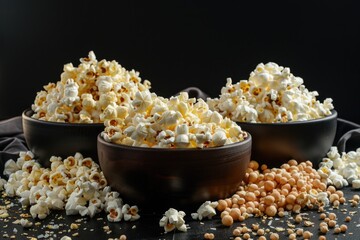 A trio of popcorn bowls with added chickpeas for a crunchy snack