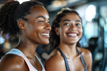 Fototapeta premium Two women exercising in a modern gym, perfect for fitness and wellness themes