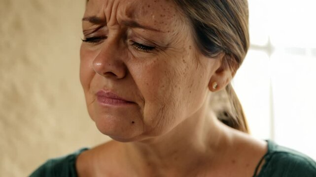 Close-up of a middle-aged woman with freckles expressing shame. Neutral beige background. 