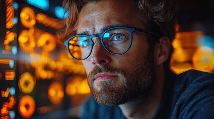 Man with glasses analyzing digital data on screen, glowing reflections from high-tech interface. Focused, thoughtful professional in tech workspace surrounded by illuminated analytics and charts