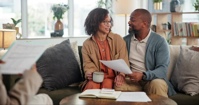 Couple, paper or meeting in home for investment, budget planning or finance opportunity on sofa. People, advisor and talking in living room with documents, contract review and happy for loan approval