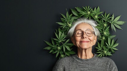 Senior woman with a peaceful expression surrounded by cannabis, emphasizing the role of marijuana in elder care, Medical cannabis, Herbal healing