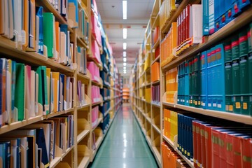 Rows of vibrant books fill the shelves in a library aisle, creating a lively atmosphere in an educational setting, perfect for reading and studying.